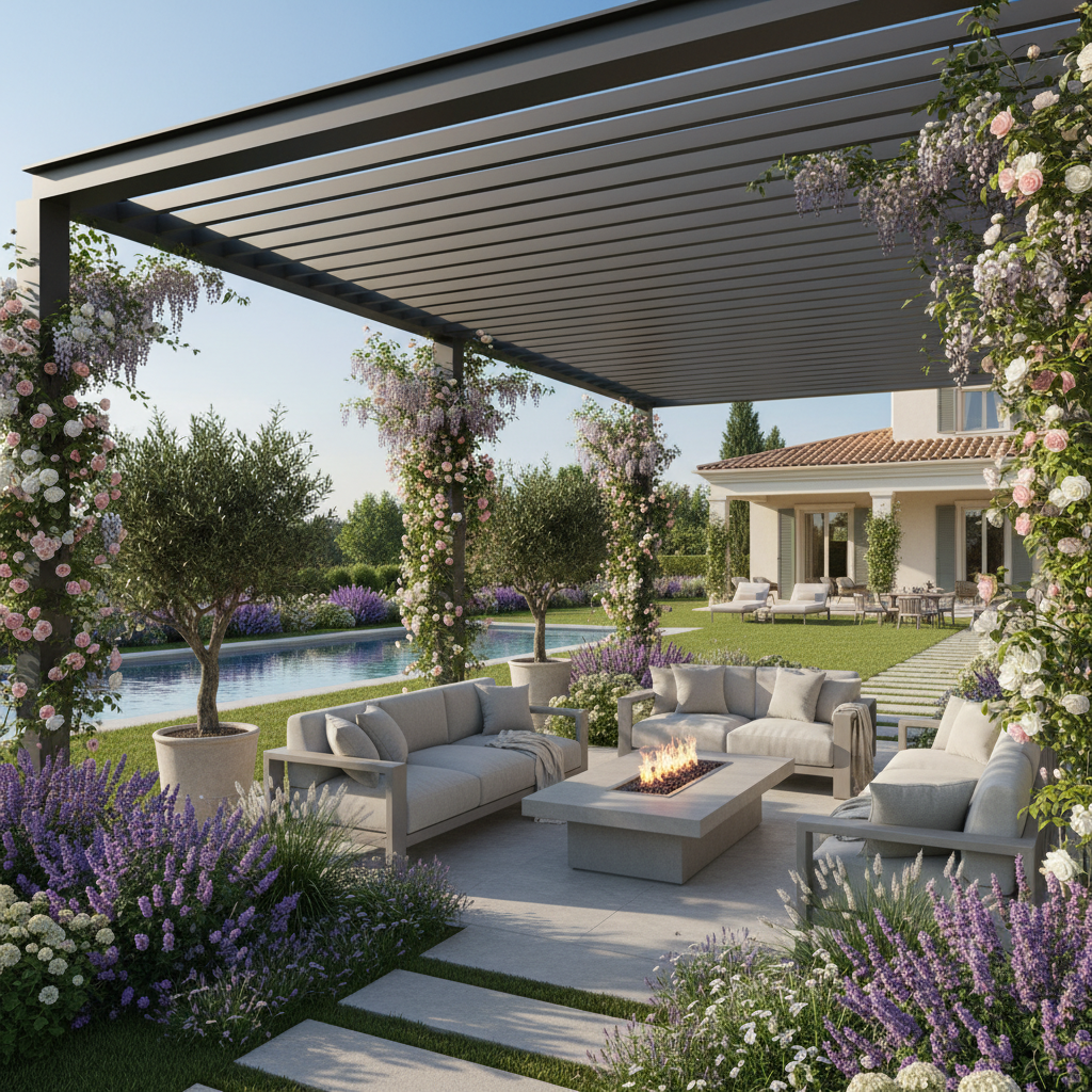 Şık bir pergola ile çevrili villa bahçesi